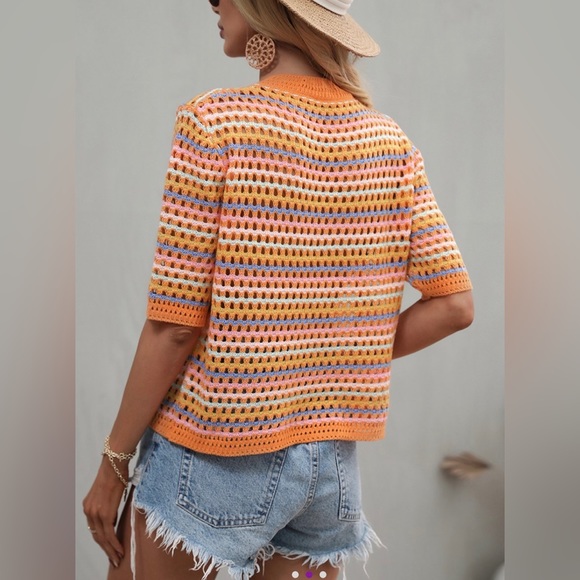Orange and Pink Stripe Open Weave Short-Sleeve Crew Neck Top - Picture 2 of 5